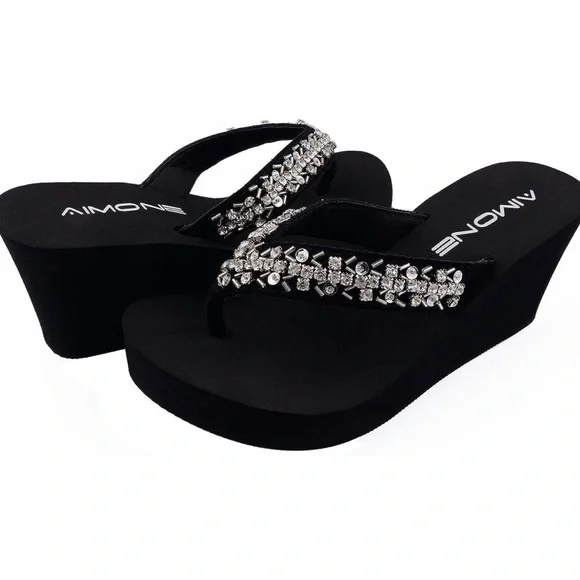 AIMONE-Appoline Wedge Flip Flop Sandals for Women Black Platform Sparkle - Picture 1 of 5